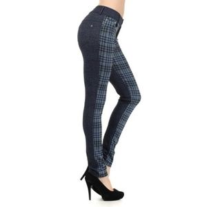 Women's 2 Tone Plaid Jersey Leggings Pants Pockets